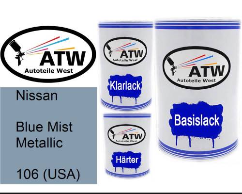 Nissan, Blue Mist Metallic, 106 (USA): 500ml Lackdose + 500ml Klarlack + 250ml Härter - Set, von ATW Autoteile West.